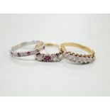 A modern 18ct gold, ruby and diamond chip set half eternity ring, size O and two 18ct & plat rings