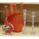 Art glassware comprising of two orange Kosta Boda glass vases, a novelty glass pelican ornament