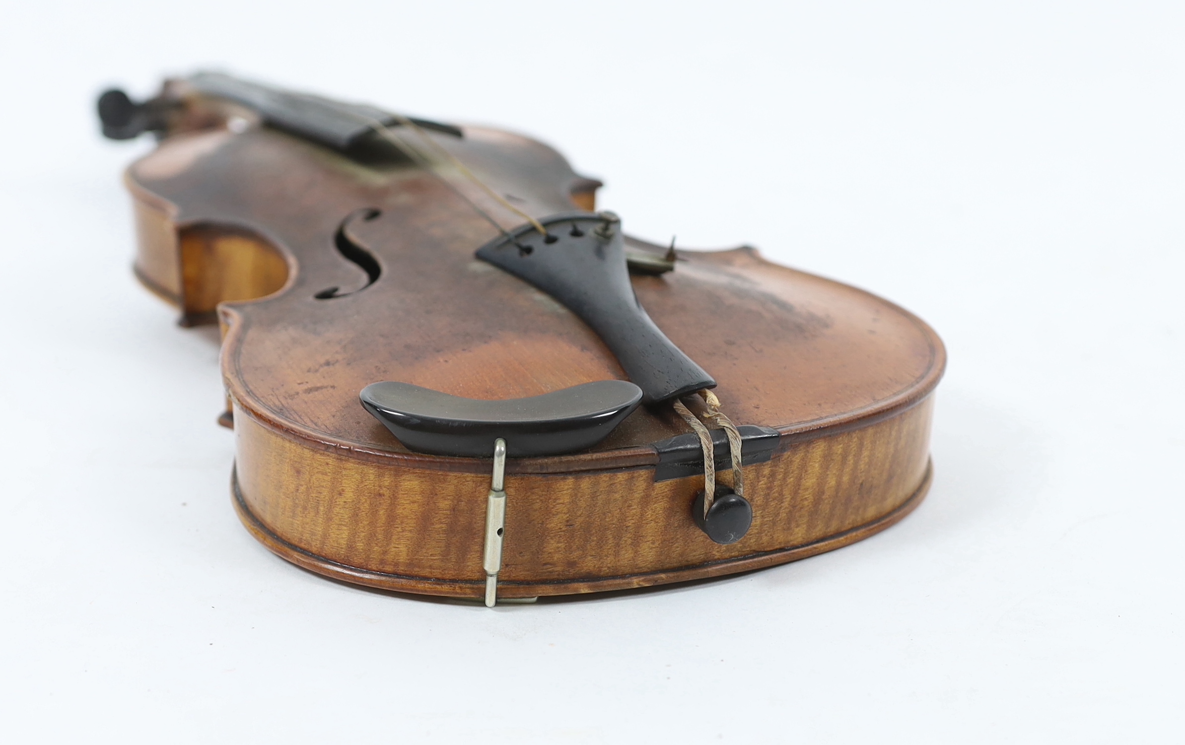 A violin, 2nd half 19th century, with medium colour to the two-piece back sides and neck, remnants - Image 7 of 7