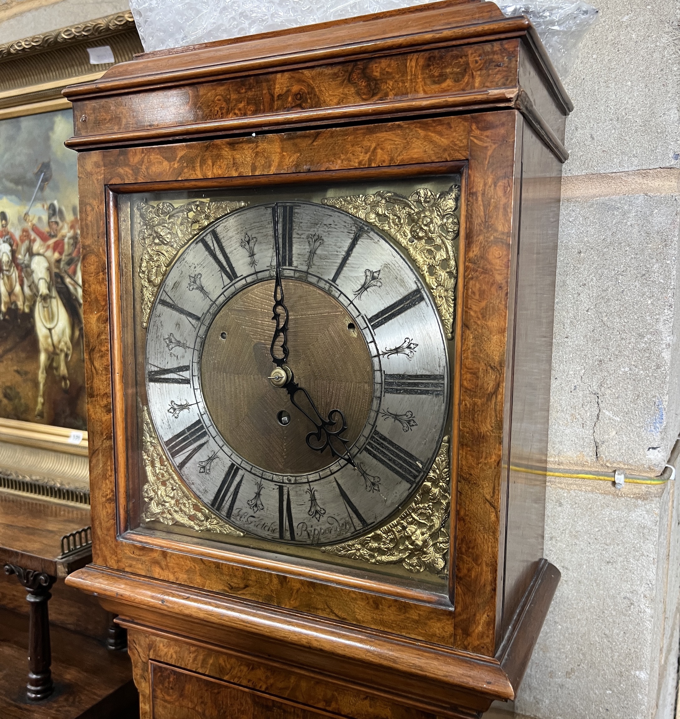 An 18th century 10in. longcase clock dial, with later movement and burr walnut case, height 172cm