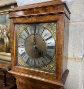 An 18th century 10in. longcase clock dial, with later movement and burr walnut case, height 172cm