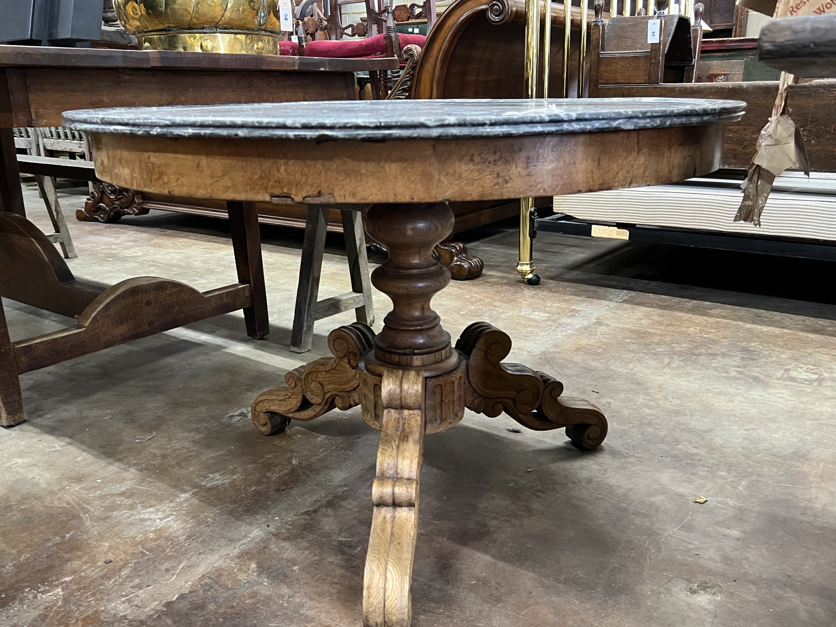 A late 19th century French circular oak marble top centre table, diameter 100cm, height 67cm - Image 3 of 3