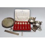 Mixed silver etc. including a George VI silver waiter, silver teaspoons, Scottish silver quaich, a