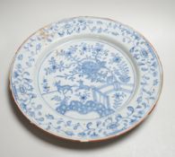 An 18th century Delft chinoiserie charger, 36cm diameter