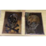 A pair of mixed medias and oil on copper panels, Memento Mori skulls, each 38 x 28cm