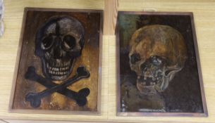 A pair of mixed medias and oil on copper panels, Memento Mori skulls, each 38 x 28cm