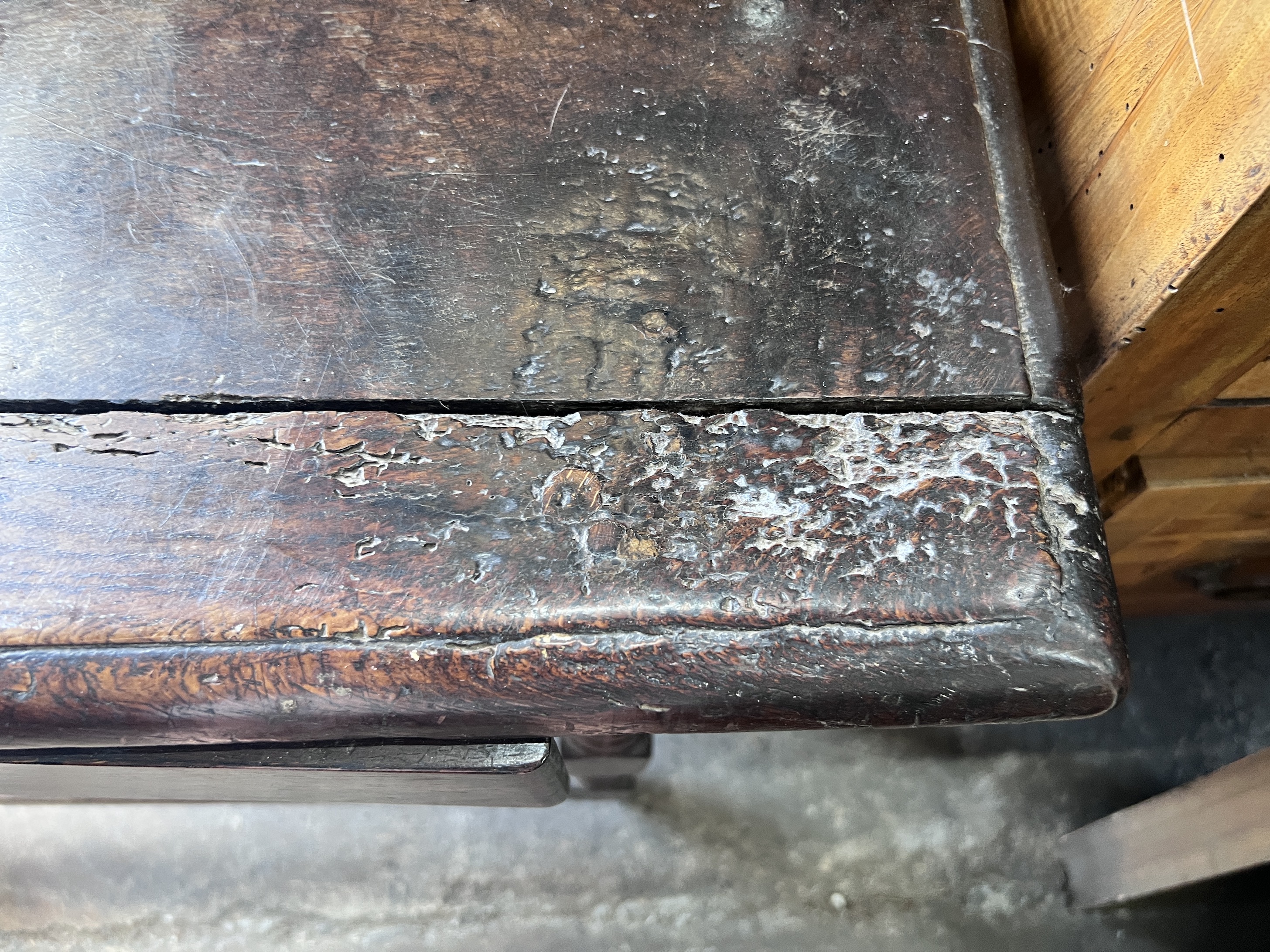 A 17th century oak side table, with bobbin turned legs, width 94cm, depth 54cm, height 69cm - Image 4 of 4