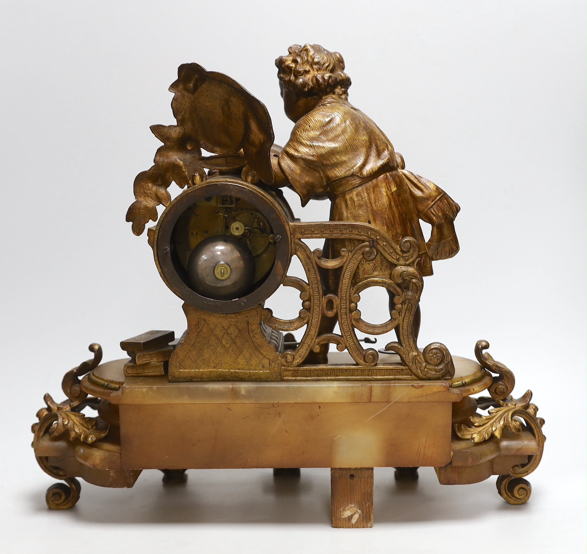 A French bronze and onyx mantel clock by Japy Frere with figure of a child reading, striking on a - Image 3 of 3