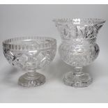 Two large heavy cut glass pedestal bowls, the largest 30cm high