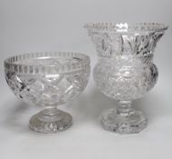 Two large heavy cut glass pedestal bowls, the largest 30cm high