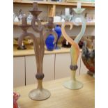 Two coloured and frosted glass two branch candelabra, indistinctly signed, probably Murano,