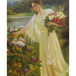 Modern British, oil on board, Woman picking flowers in a landscape, 55 x 46cm