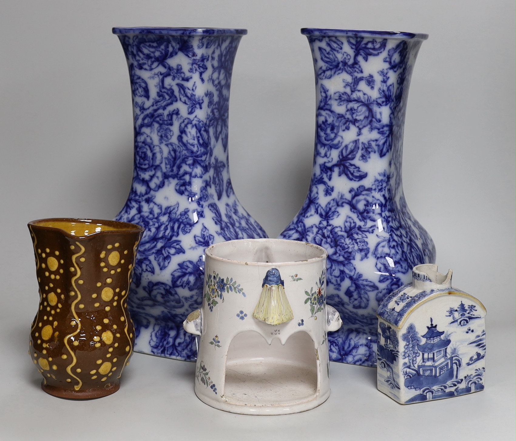 A pair of Losol ware blue and white vases, a slipware jug, a faience candle holder and a Chinese tea - Image 2 of 6