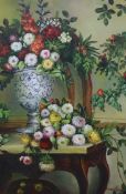 Old master style oil on canvas, still life of flowers, signed, 90cm x 60cm