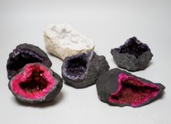 Six coloured and stained glass geodes, the largest 17cm wide