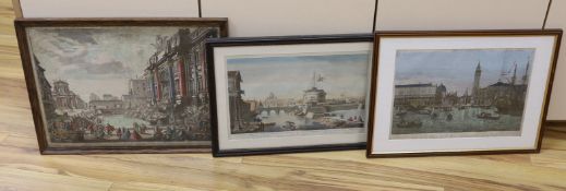 Three 19th century colour engravings of Venice, including St Mark's Square and View of the Castle of
