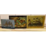 Three reverse painted glass panels, two of sailing ships and another map of the world- 62cm wide x