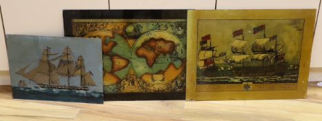 Three reverse painted glass panels, two of sailing ships and another map of the world- 62cm wide x