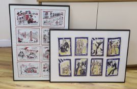 Sixteen vintage American cocktail napkins (1940's /50's), mounted and framed as two, each overall 70