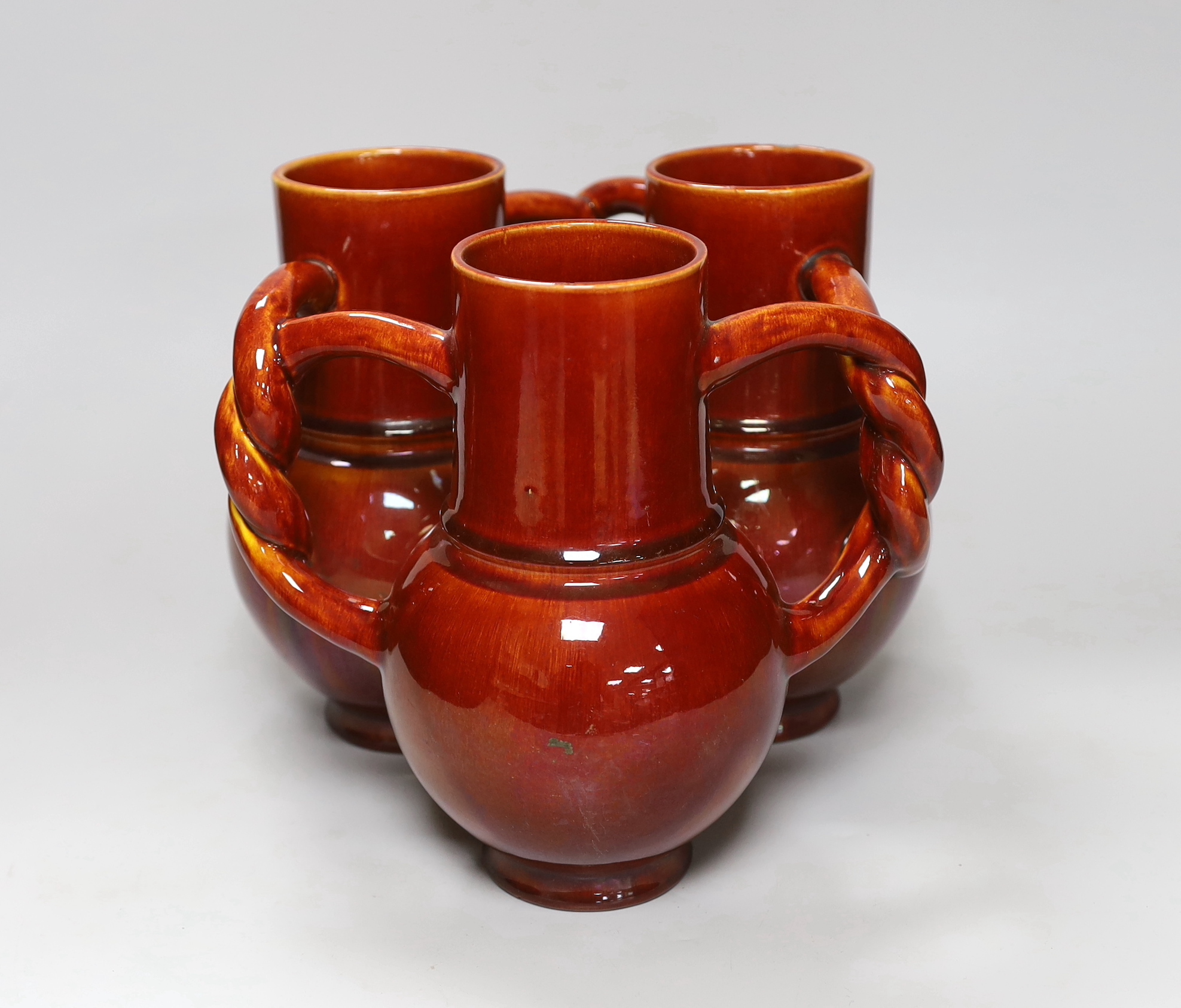 A Burmantofts Pottery three section fuddling cup with interwoven handles in dark burnt orange, - Image 2 of 6