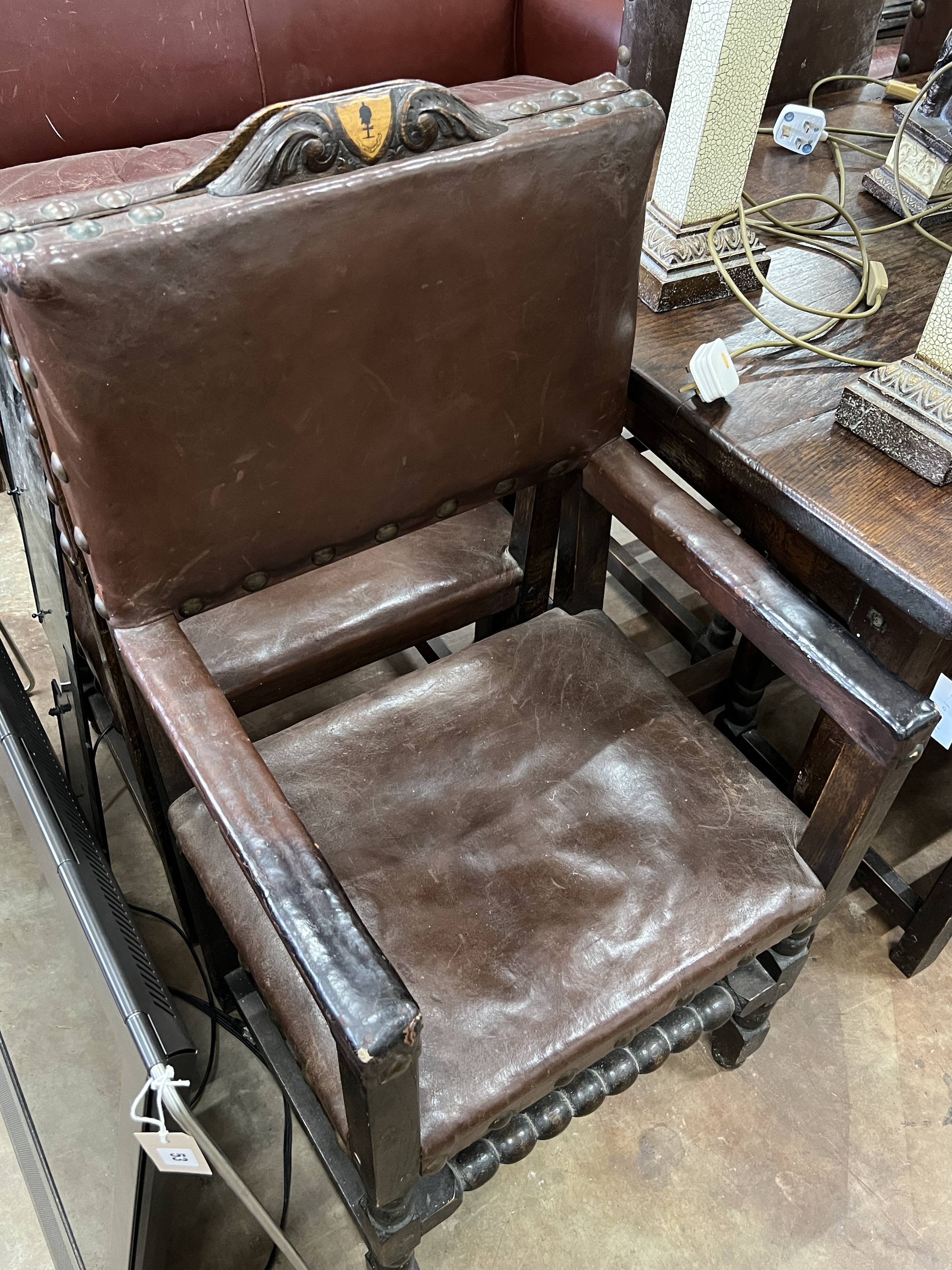 A set of eight 1920’s 17th century style oak dining chairs, the carvers with crested top rails - Image 4 of 4