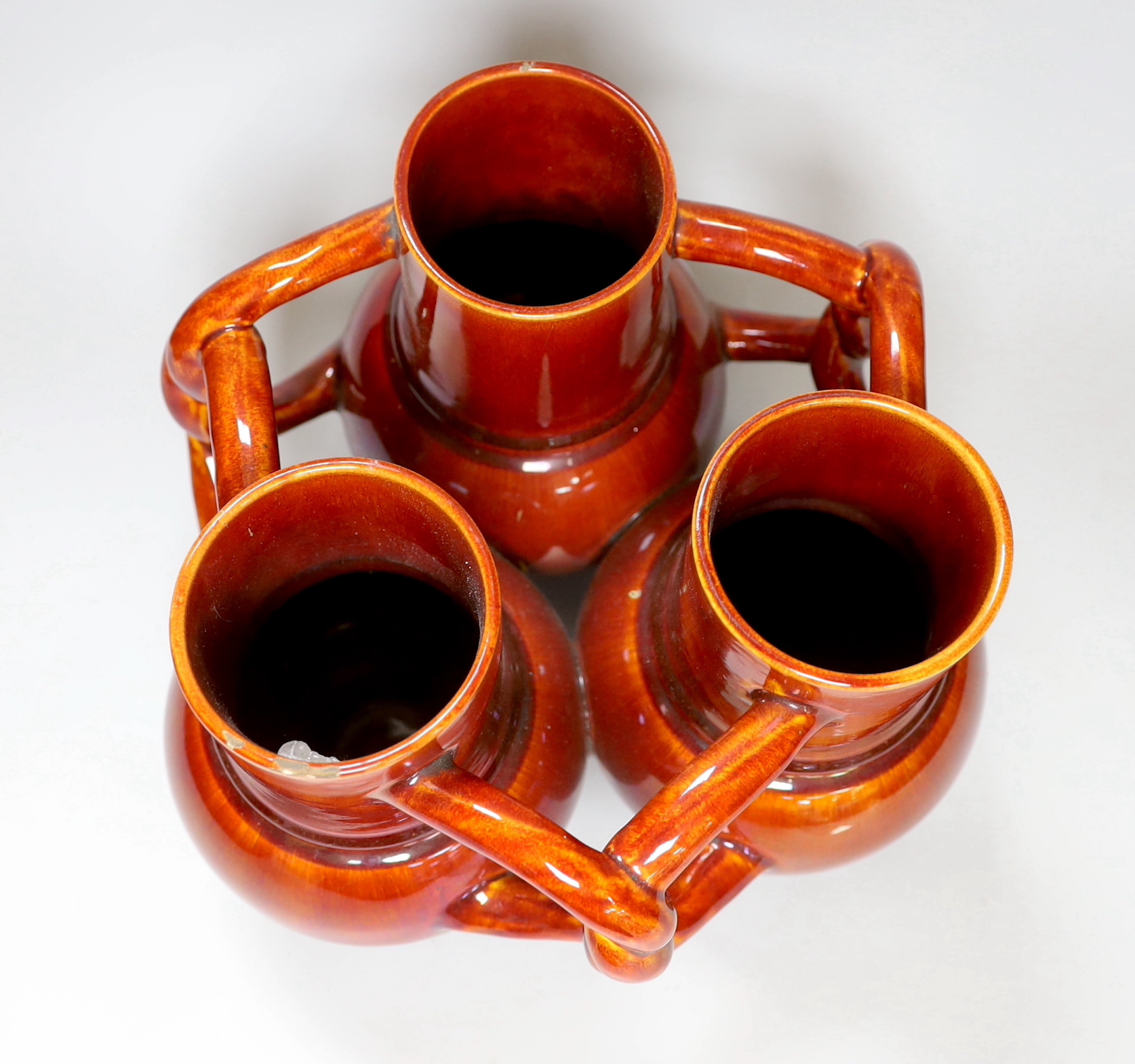 A Burmantofts Pottery three section fuddling cup with interwoven handles in dark burnt orange, - Image 5 of 6