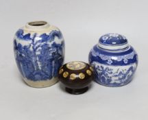 A Chinese ginger jar, another with cover and an ornamental bone and wooden travelling compass,
