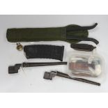 Two bayonets for Enfield No 4, M16 rifle magazine, WWI trench knife and lighter, rifle bi-pod and