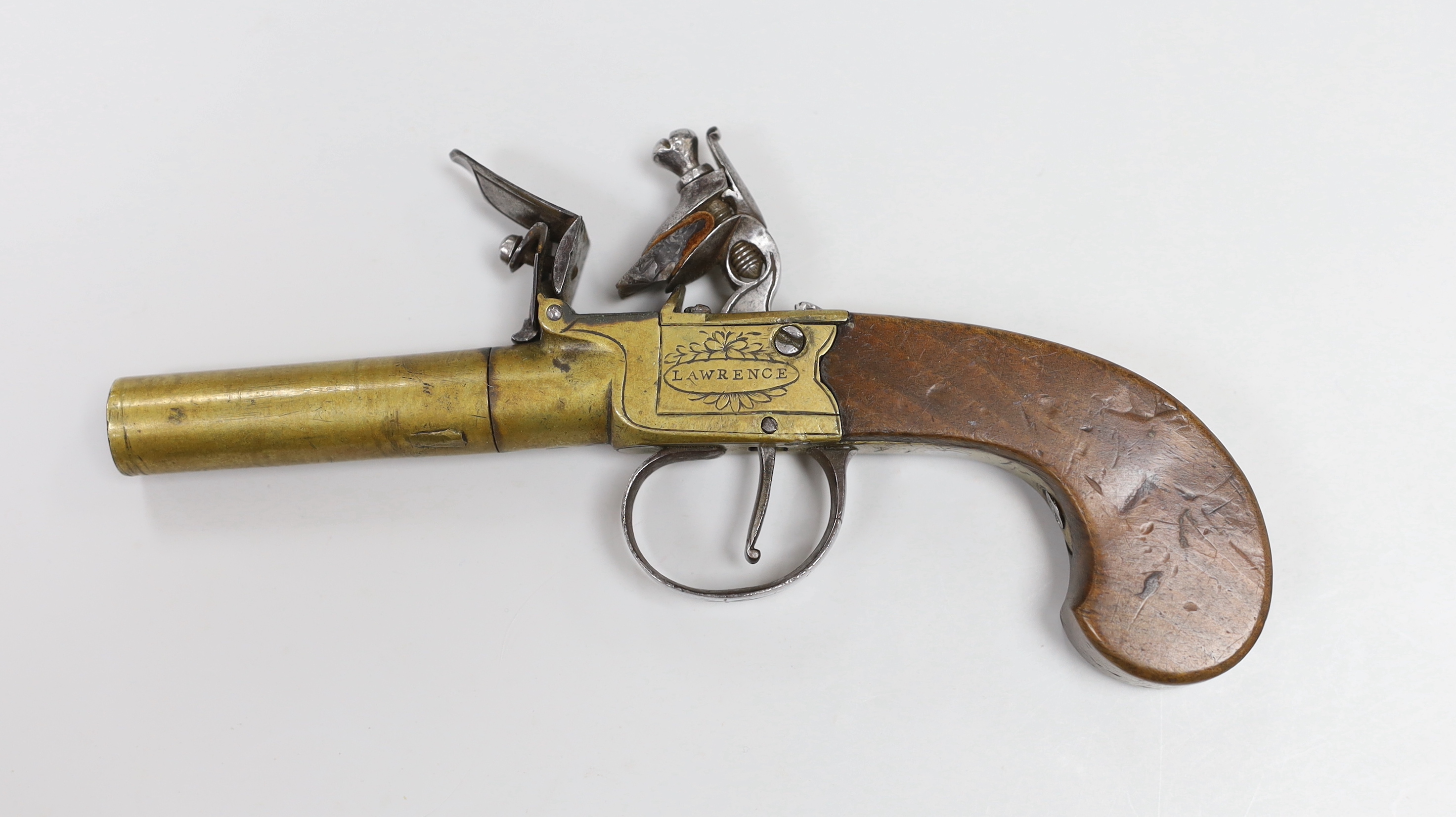 A George III flintlock pocket pistol, with turn off brass barrel, signed ‘Lawrence’ - Image 2 of 5