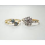 Two 18ct gold and gem set rings including illusion set diamond and blue stone crossover, gross