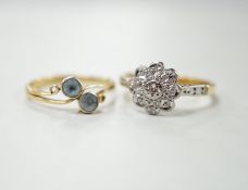 Two 18ct gold and gem set rings including illusion set diamond and blue stone crossover, gross