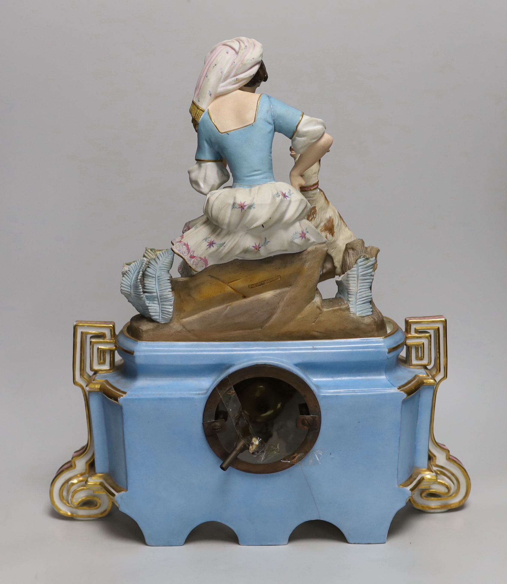 A mid-19th French century porcelain figural mantel clock, the enamel dial inscribed Rollin Paris, - Image 2 of 4