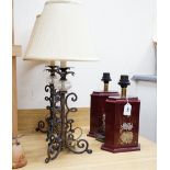 Two pairs of table lamps including a wrought iron style pair with shades, the largest overall 65cm