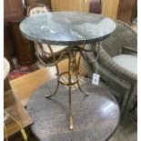 A circular gilt metal marble topped occasional table, diameter 43cm, height 59cm