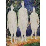 After Kazimir Malevich (1879 – 1935) oil on board, Three standing figures, 39 x 29cm