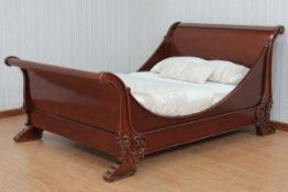 A good mahogany Superking sleigh bed by And So To Bed, London. Handmade copy of the Brodsworth