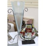 A frosted floor standing vase in metal frame and a similar smaller Art glass vase in similar
