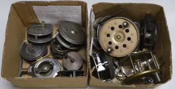 Twelve various fishing reels including a brass and horn handled 4 inch reel and a pair of Hardy
