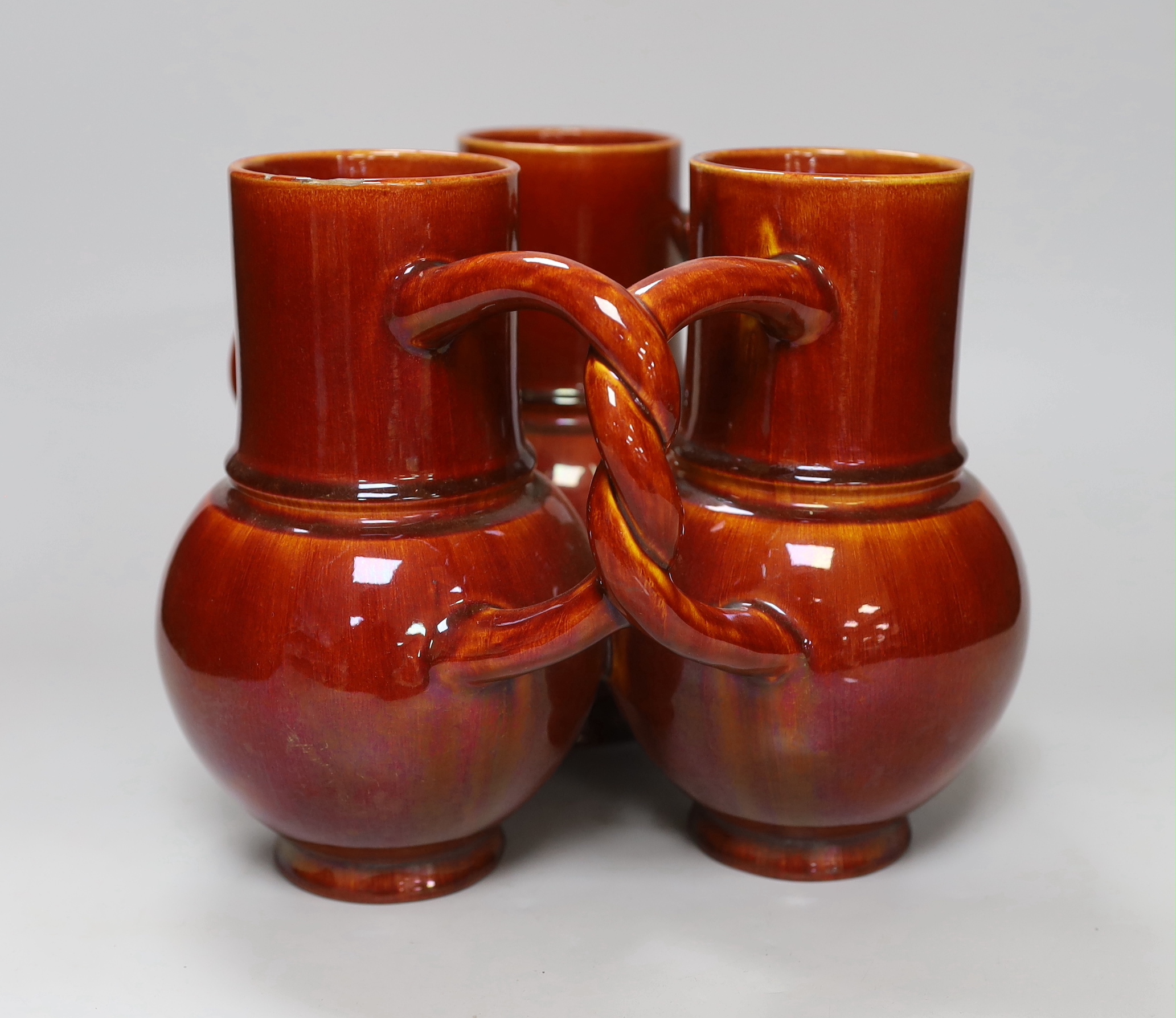 A Burmantofts Pottery three section fuddling cup with interwoven handles in dark burnt orange, - Image 3 of 6