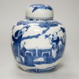 A 19th century Chinese blue and white jar and cover, hand painted with figures in a landscape,