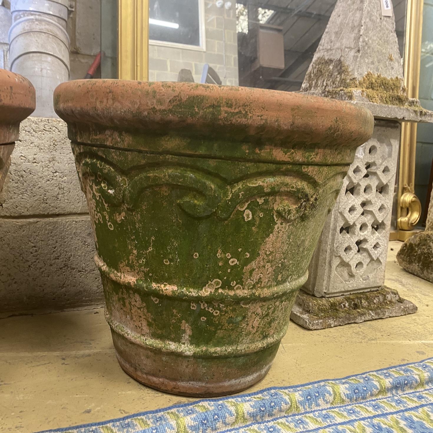 A pair of circular weathered terracotta garden planters, diameter 54cm, height 51cm - Image 3 of 3