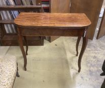 A George III banded mahogany D shaped folding card table, width 88cm, depth 45cm, height 74cm