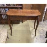 A George III banded mahogany D shaped folding card table, width 88cm, depth 45cm, height 74cm