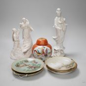 Three Chinese blanc de chine figures, two famille vert plates, a Japanese jar and three eggshell