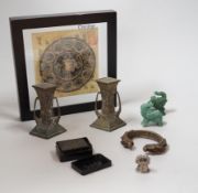 A group of Chinese collectables including bowenite carvings, a bangle, miniature model of Buddha