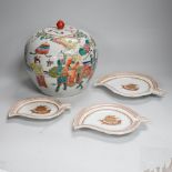 A Chinese lidded pot and 3 Chinese armorial leaf dishes, the largest 23cm high