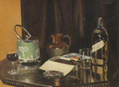20th century English School, oil on canvas, Still life of vessels and cigars, indistinctly signed,
