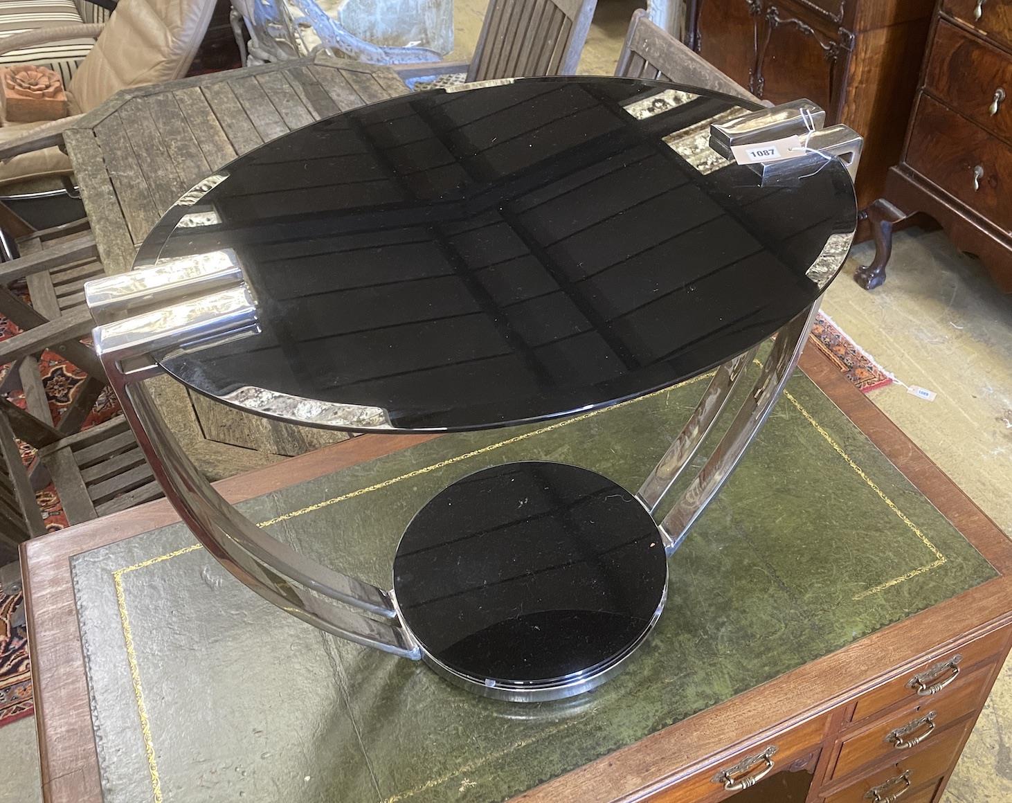 Josef Hoffman style oval glass and chrome occasional table, length 76cm, depth 56cm, height 56cm