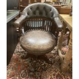 A Victorian mahogany buttoned brown leather swivel desk chair, width 63cm, depth 60cm, height 93cm
