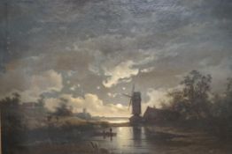 German School, oil on canvas, moonlit river landscape with windmill, indistinctly signed, 98cm x